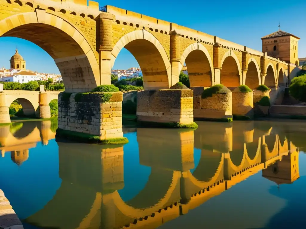 Visualización 3D del Puente Romano de Córdoba, bañado por la cálida luz del sol, con el río Guadalquivir fluyendo bajo sus arcos de piedra