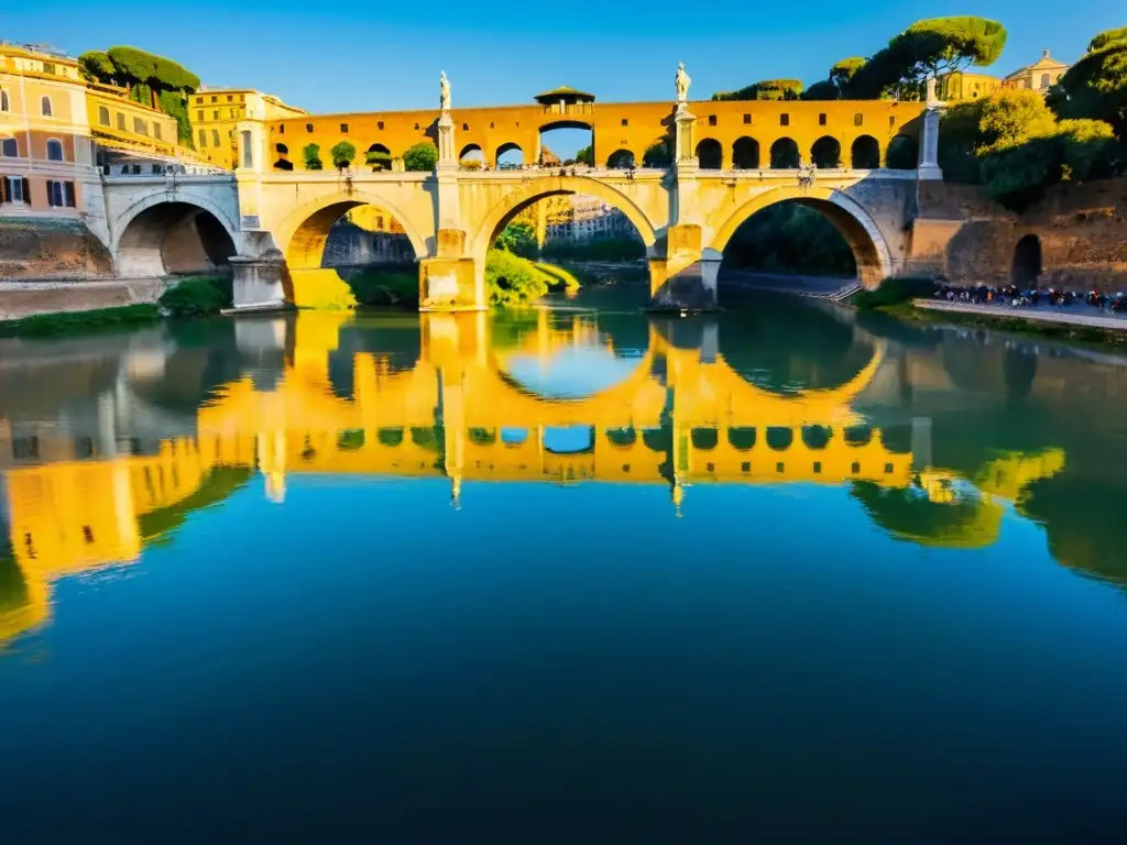 El puente romano de Ponte Fabricio en Roma, Italia, bañado por cálida luz, cruza el río Tíber