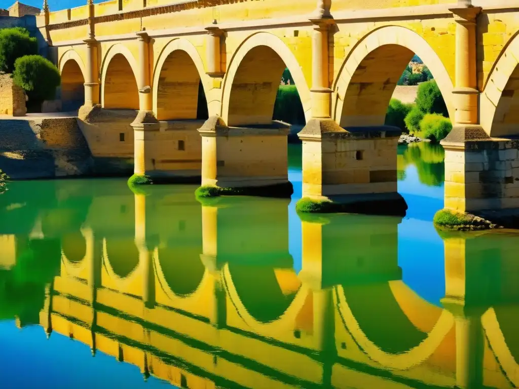 Visualización 3D del Puente Romano de Córdoba, España, bañado por cálida luz, reflejándose en el río Guadalquivir