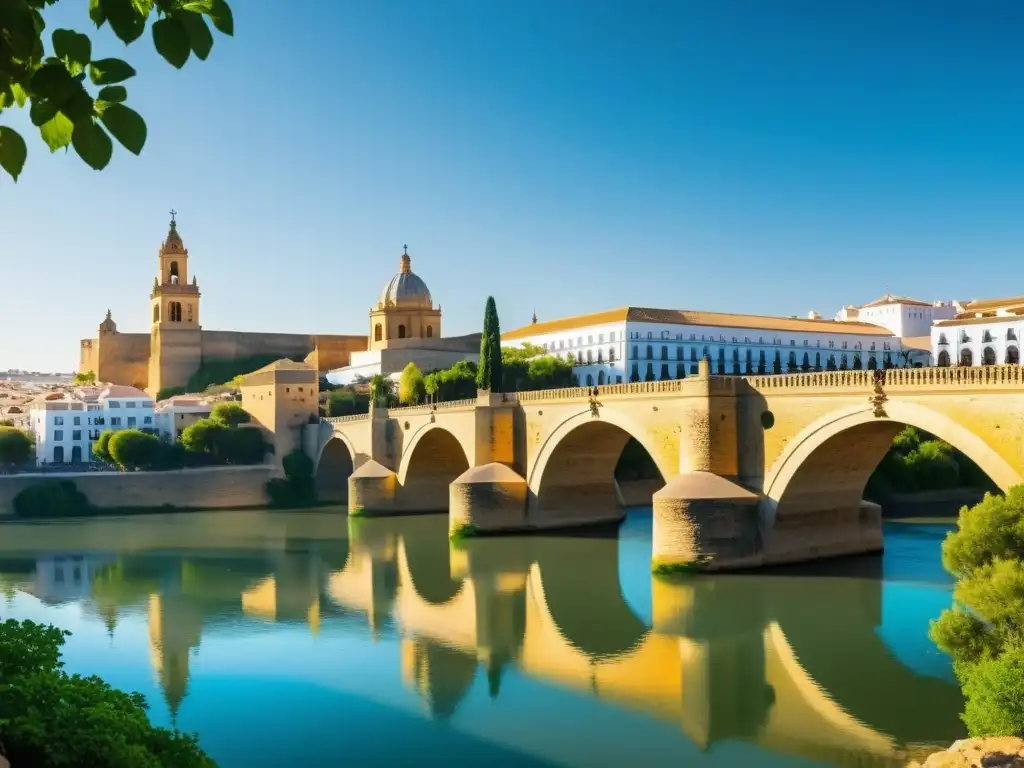 Visualización 3D del Puente Romano de Córdoba, fusionando la historia antigua con el paisaje moderno, bañado por la luz dorada del río Guadalquivir