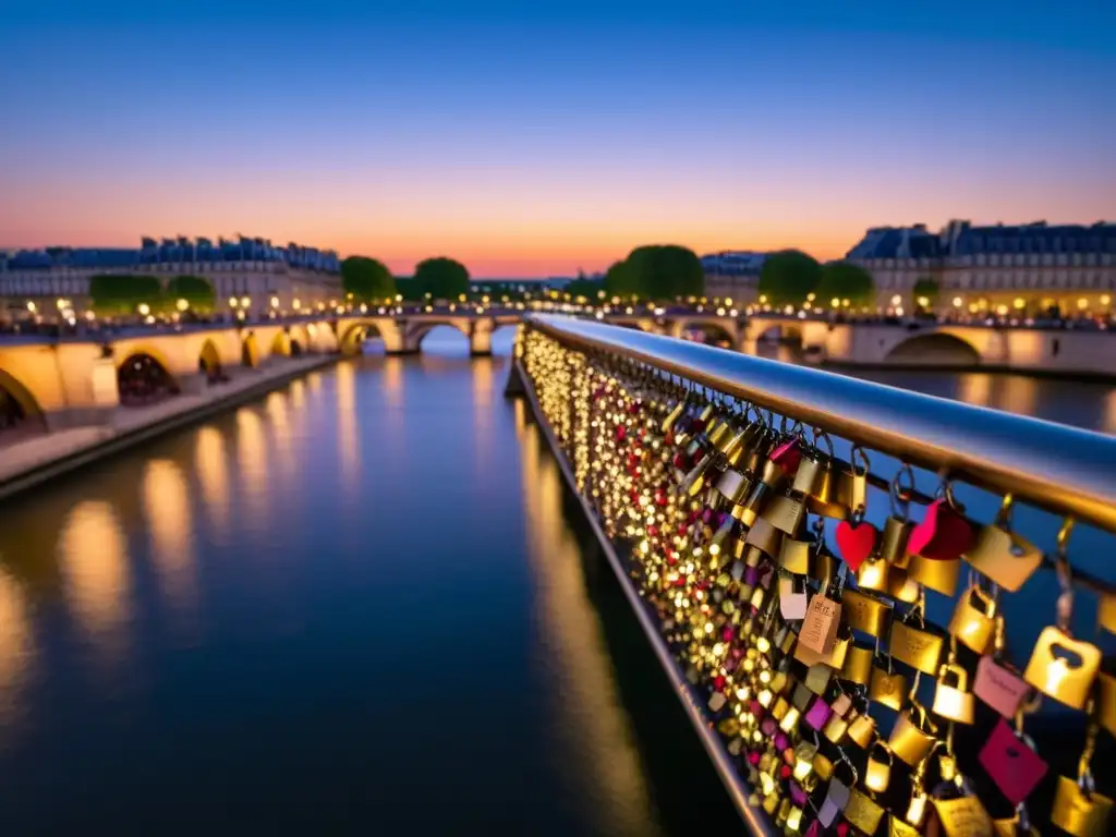 Puente romántico en París con candados de amor, arquitectura detallada y el resplandor de la ciudad al anochecer