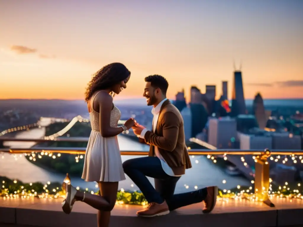 En un puente romántico, un hombre se arrodilla y le propone matrimonio a una mujer, rodeados de luces y la ciudad al atardecer