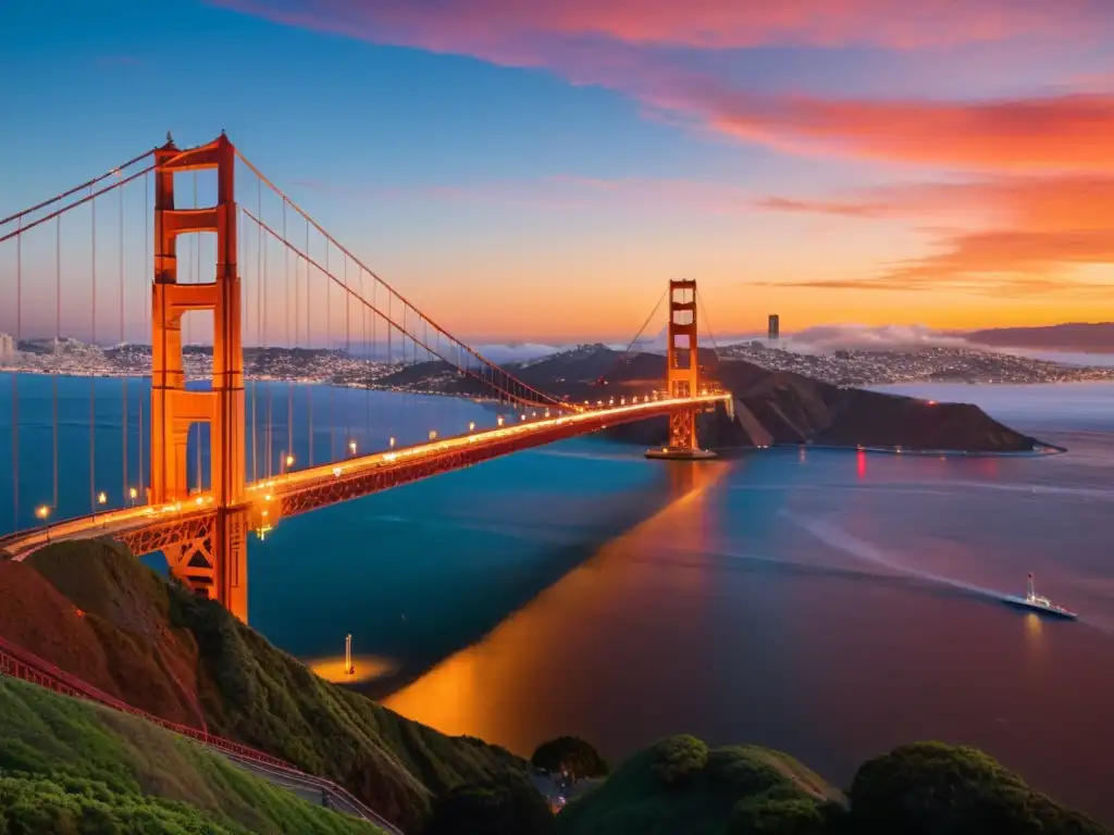 Puente romántico para propuestas inolvidables: atardecer en el Golden Gate, con sus icónicos arcos rojo-naranja y un cielo multicolor