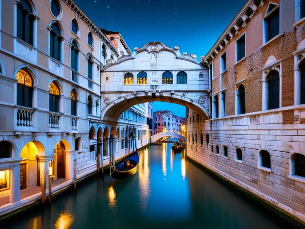 Un puente romántico para propuestas inolvidables en Venecia, Italia, reflejado en el agua nocturna