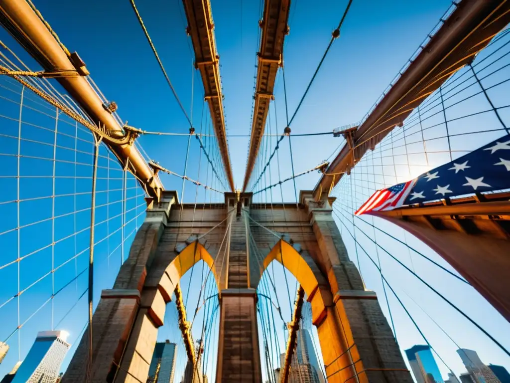 El Puente de Brooklyn revela sus secretos ocultos entre sus cables de acero y arcos góticos, con la majestuosa ciudad de Manhattan de fondo