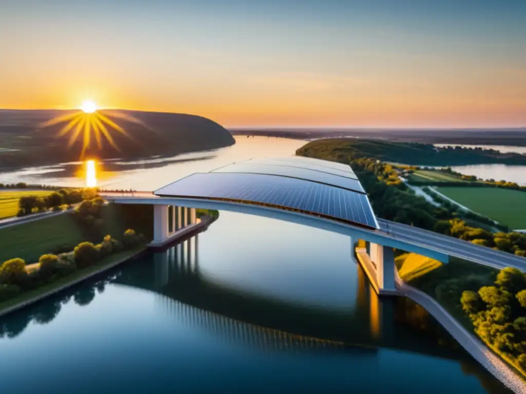 Un puente solar con un diseño moderno y eficiencia energética, bañado por el cálido resplandor del atardecer sobre el río