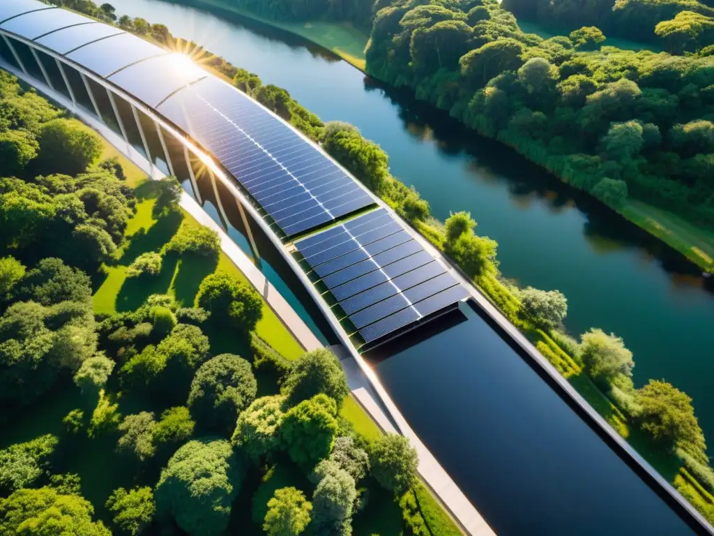 Un puente solar de eficiencia energética se eleva sobre el río, sus paneles curvos brillan al sol, en armonía con la naturaleza