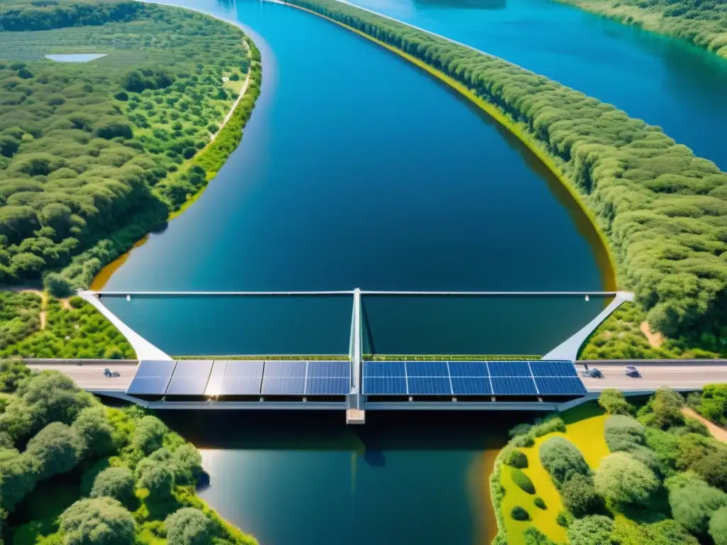 Un puente solar de eficiencia energética integrado armoniosamente con la naturaleza, con paneles relucientes bajo el sol