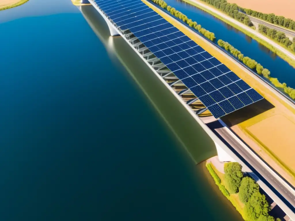 Un puente solar de eficiencia energética sobre un río, con paneles solares integrados en su estructura, reflejando la luz en el agua