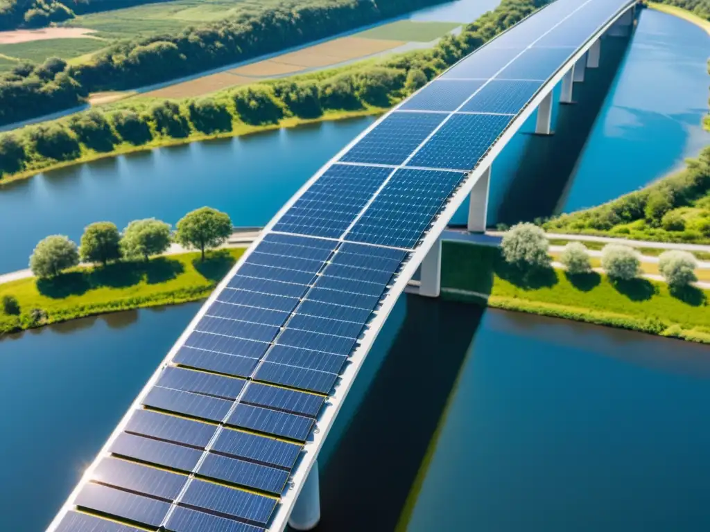 Un puente solar de eficiencia energética, integrando tecnología renovable con diseño innovador sobre un río, rodeado de exuberante vegetación