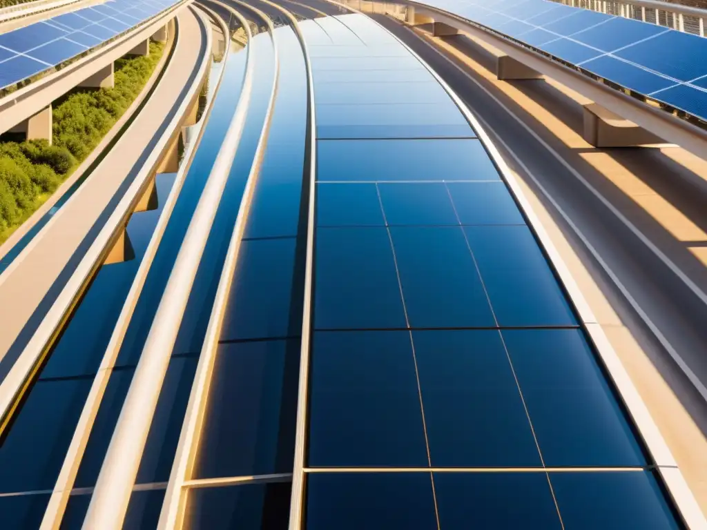 Un puente solar integrado en la ciudad, con paneles brillantes y un diseño innovador que refleja eficiencia energética