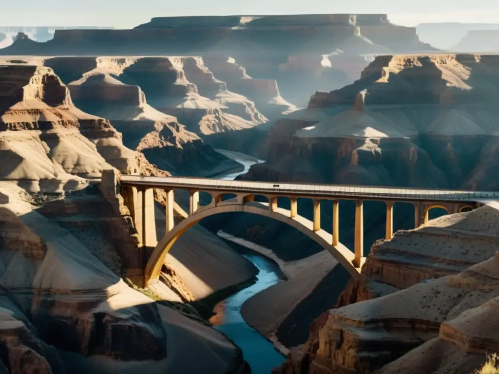 Desolación y Resiliencia: Puente en Cañón Un puente solitario se alza sobre un paisaje desolado, evocando sentimientos de abandono y resistencia humana