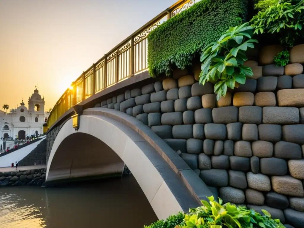 El Puente de los Suspiros en Lima, Perú, bañado por la suave luz dorada del atardecer, resalta la historia y arquitectura del puente