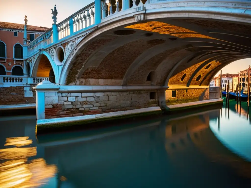 El Puente de los Suspiros en Venecia, con sus detalles de piedra y arcos, bañado por la suave luz del atardecer y rodeado de misterio y romance