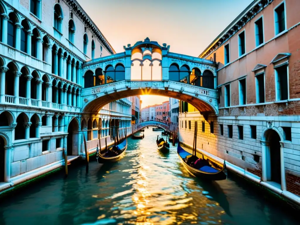 Anochecer en el Puente de los Suspiros de Venecia, con góndolas en el canal