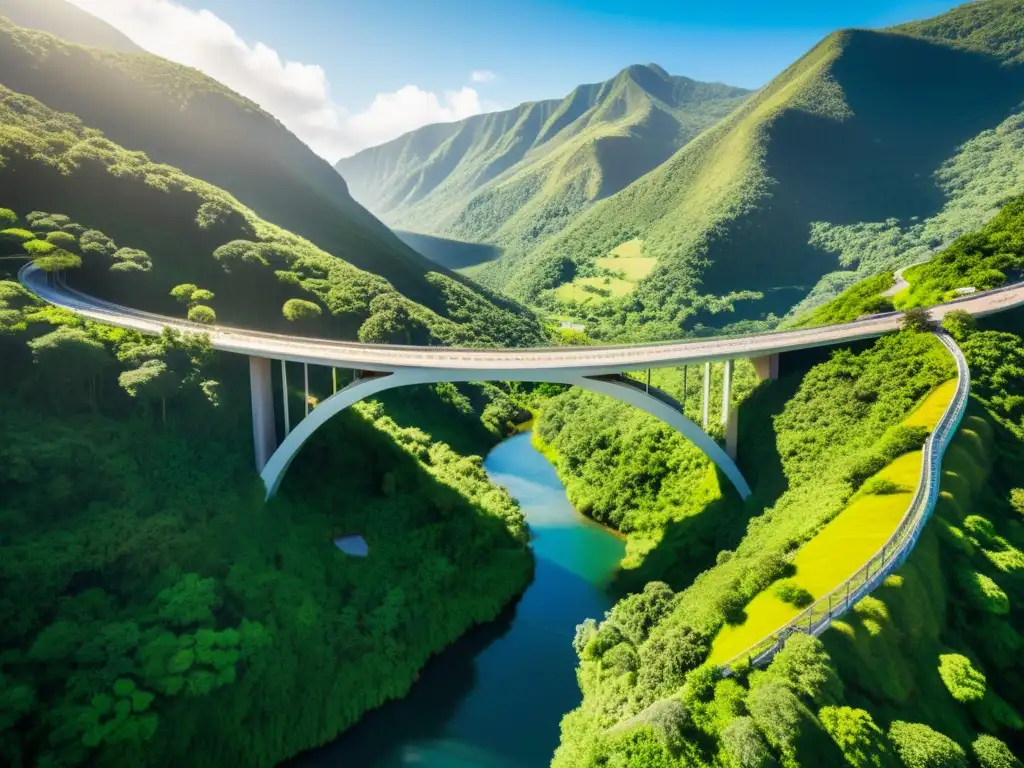 Un puente sustentable de diseño ecológico se eleva sobre un valle verde, bañado por la luz del sol y rodeado de naturaleza exuberante