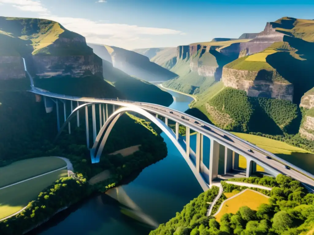 Un puente de titanio moderno y futurista cruza un desfiladero, destacando el uso del titanio en puentes con su diseño innovador y elegante