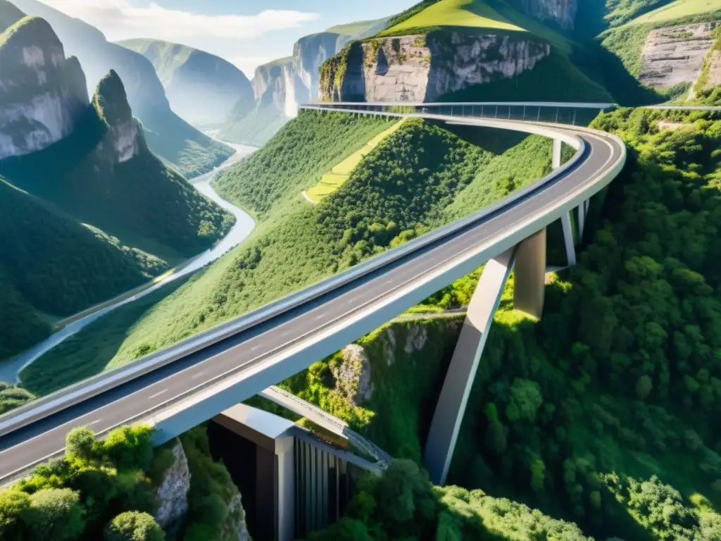 Un puente de titanio cruza un valle exuberante, resaltando su diseño futurista y la interacción de luz y sombra