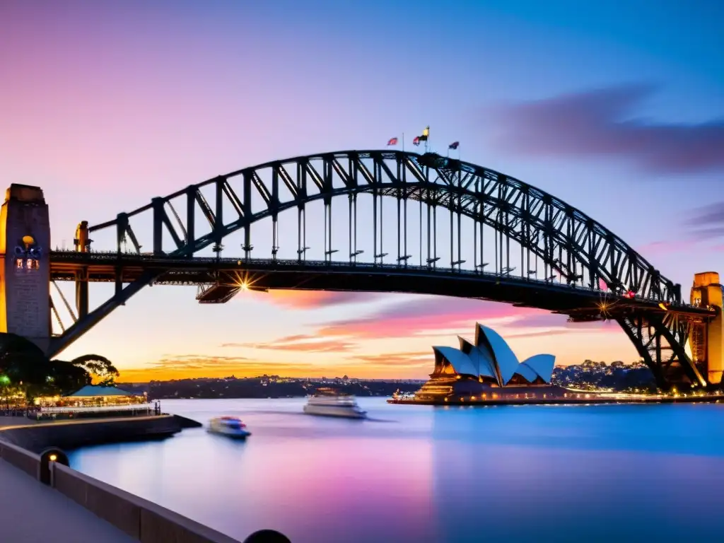 El Puente de la Bahía de Sídney se ilumina con tonos naranjas y rosados al atardecer, creando una escena impresionante