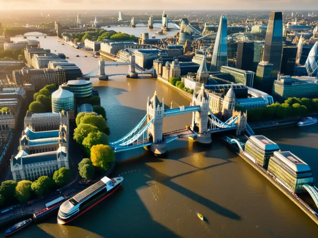 El Puente de la Torre en Londres bañado por la cálida luz dorada, resaltando su arquitectura gótica en contraste con la moderna ciudad