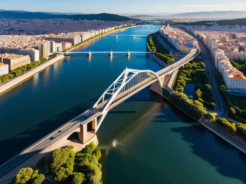 El Puente de la Torre se destaca con su diseño tridimensional y la luz del sol crea sombras dramáticas en el entorno urbano