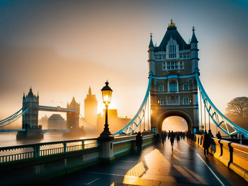 El puente de la Torre de Londres emergiendo entre la niebla con luces doradas, reflejando en el Támesis, y una figura misteriosa