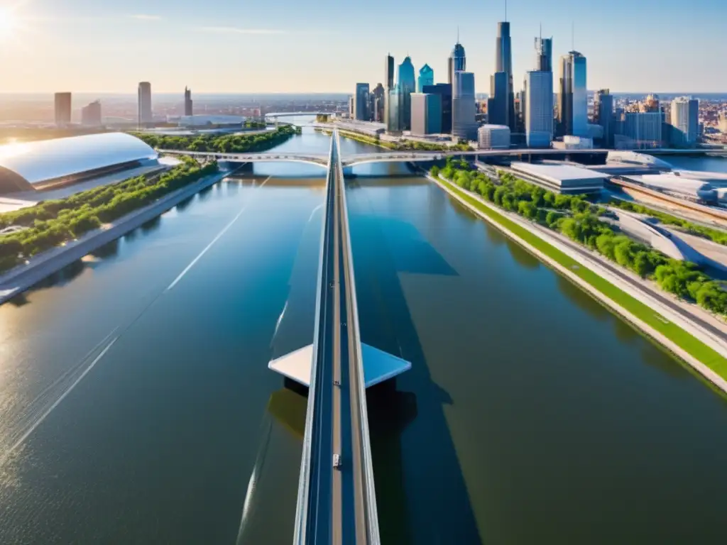 Un puente urbano moderno con tecnología piezoeléctrica integrada, capturando energía en medio de la ciudad