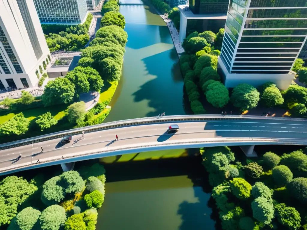 Un puente urbano moderno y vibrante con personas y ciclistas, rodeado de naturaleza y rascacielos