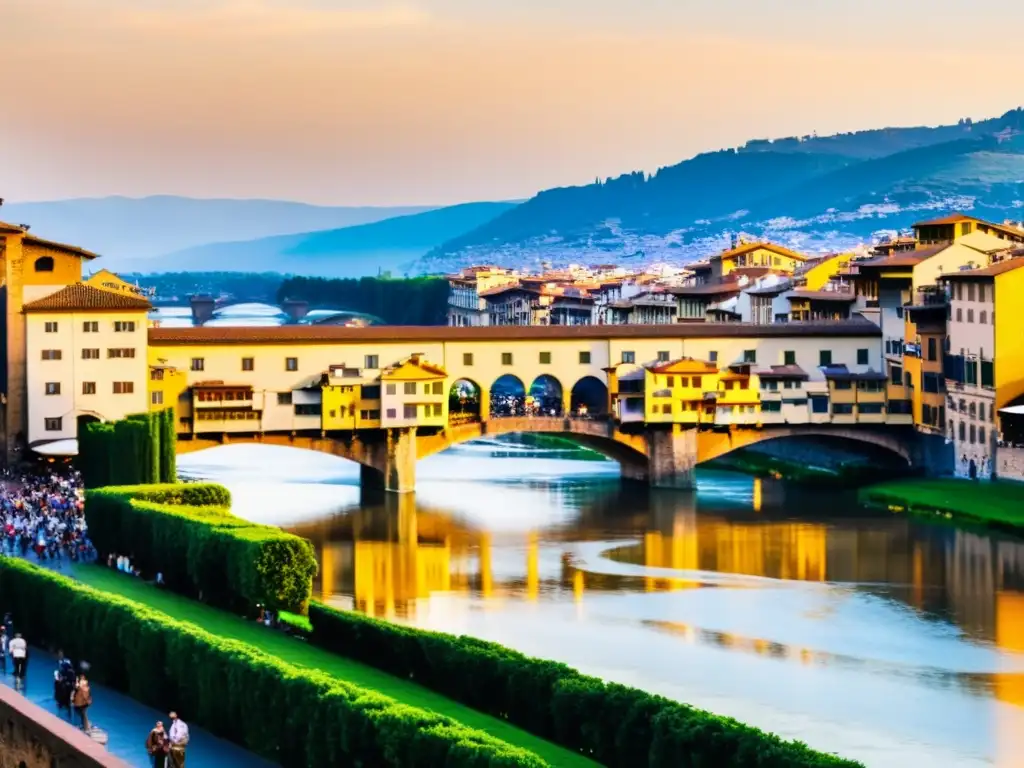 Puente Vecchio de Florencia al atardecer, reflejando la cálida luz dorada y la bulliciosa actividad de visitantes y lugareños