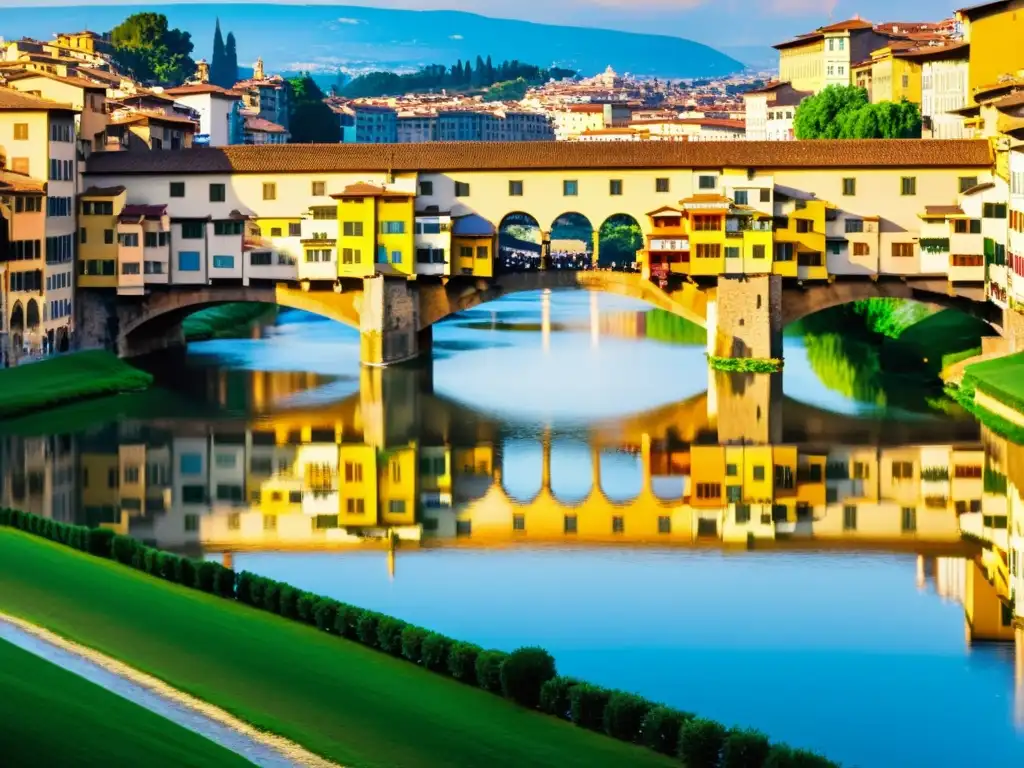 El Puente Vecchio de Florencia iluminado por el sol poniente, muestra la historia y arquitectura del Puente Vecchio