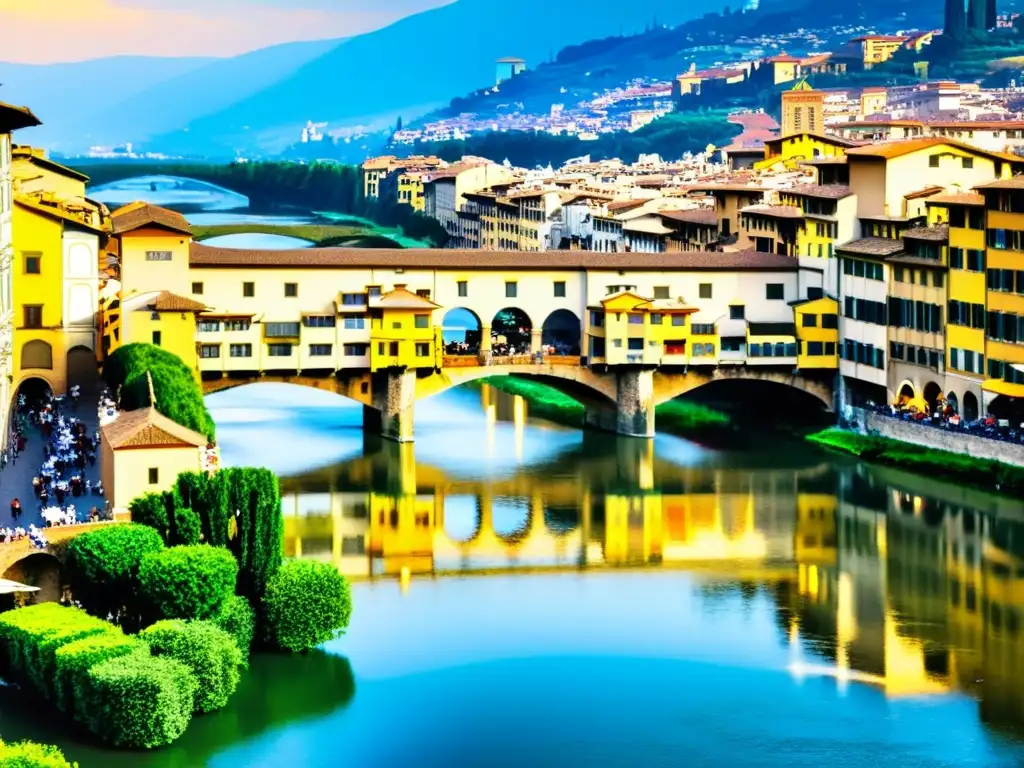 El Puente Vecchio en Florencia, una joya de historia y arquitectura, bañado por la cálida luz del sol que resalta sus detalles únicos