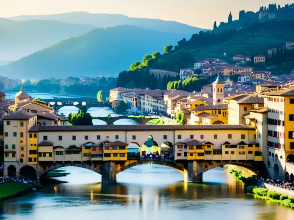 Puente Vecchio: historia y arquitectura en detalle, con el cálido atardecer iluminando la escena de manera cautivadora y atemporal