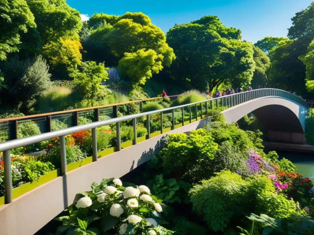 Un puente verde urbano con vida vegetal vibrante, aves y mariposas, creando un contraste natural en la ciudad