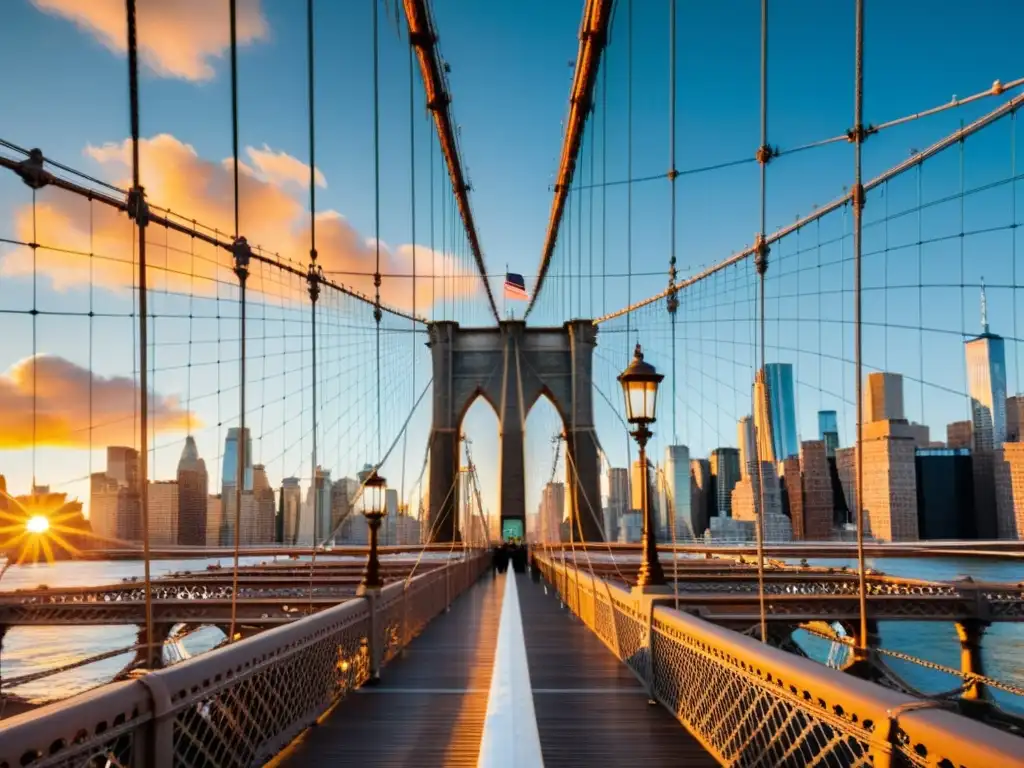 El Puente de Brooklyn se destaca ante un vibrante atardecer, reflejando su legado ecológico en las aguas