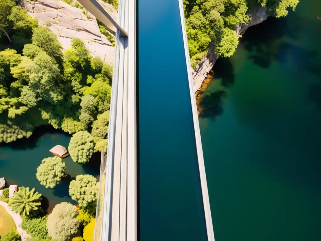 Un puente de vidrio estructural en perfecta armonía con la naturaleza, creando un impresionante juego de sombras y reflejos