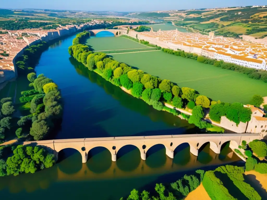 Puente de la Magdalena en España: vista aérea de un puente medieval de piedra sobre un río sereno, rodeado de exuberante vegetación