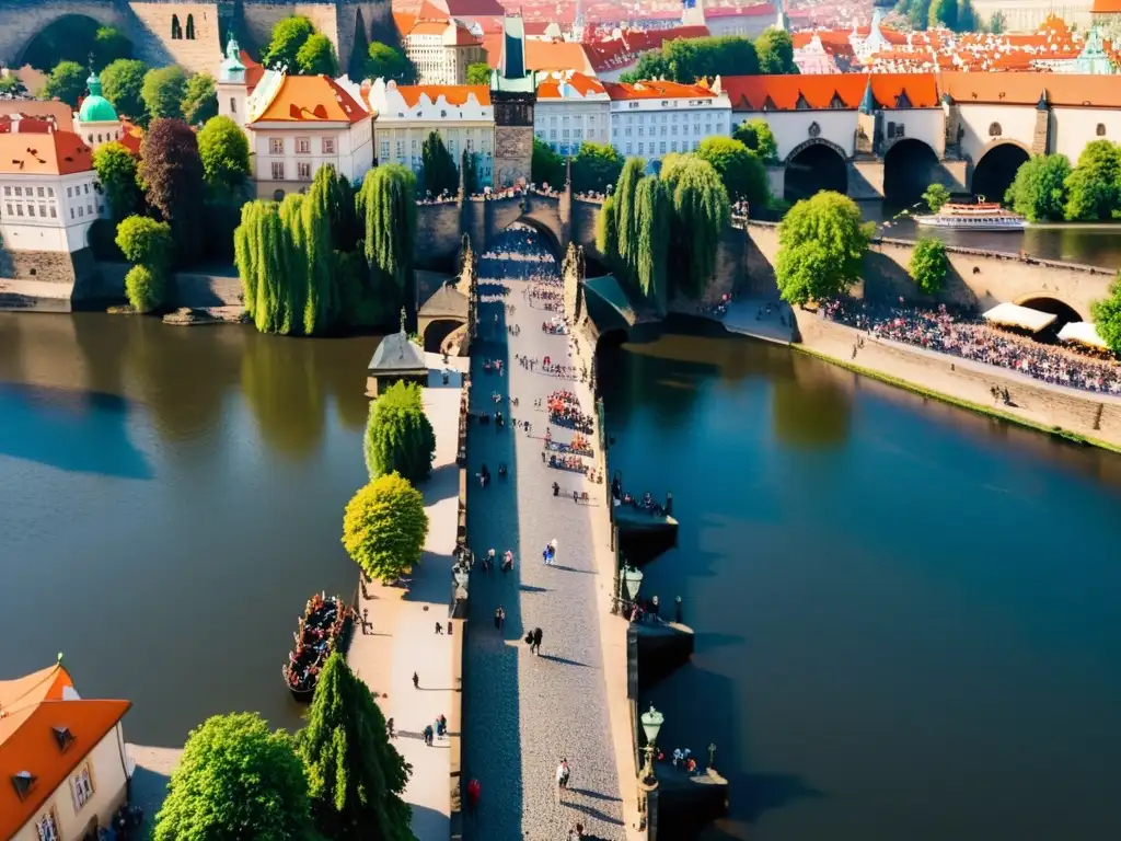 El Puente de Carlos en Praga: una vista detallada de la arquitectura gótica, el río Vltava y la animada actividad turística