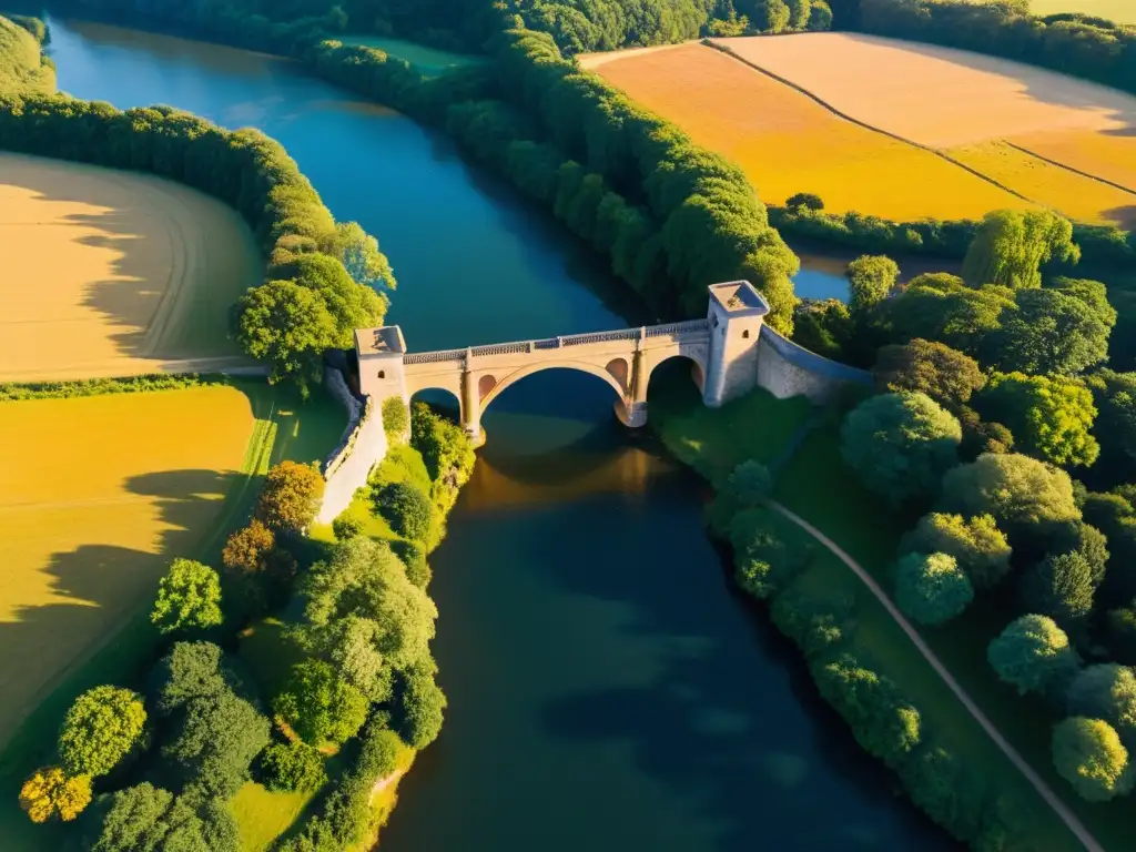 Puentes antiguos documentados con drones: majestuoso puente antiguo de piedra sobre el río, bañado por la cálida luz dorada del atardecer