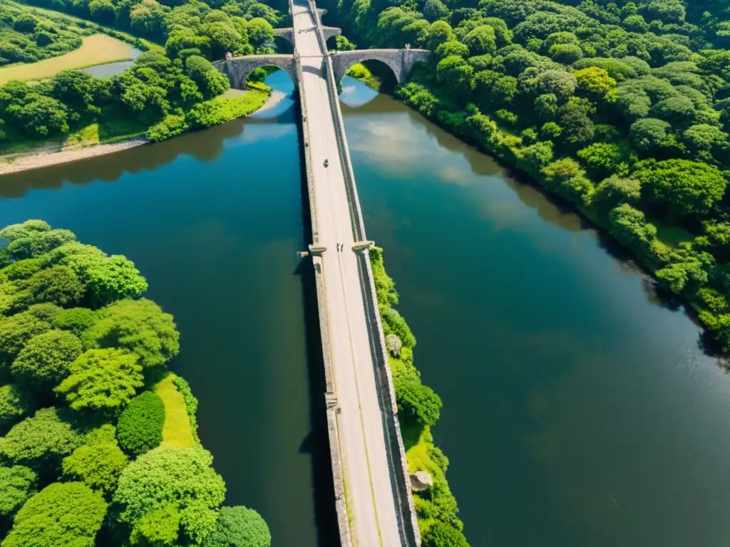 Puentes antiguos documentados con drones: puente de piedra antiguo sobre un río rodeado de exuberante vegetación, con la ciudad moderna al fondo