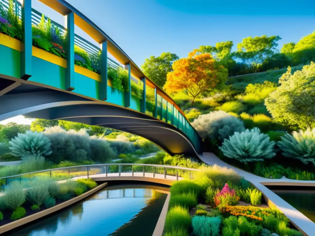 Puentes que transforman áreas degradadas: un oasis urbano vibrante con puente peatonal, murales coloridos y naturaleza exuberante