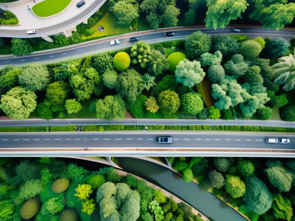 Puentes que transforman áreas degradadas en paisajes vibrantes y verdes, con una mezcla armoniosa de infraestructura y naturaleza