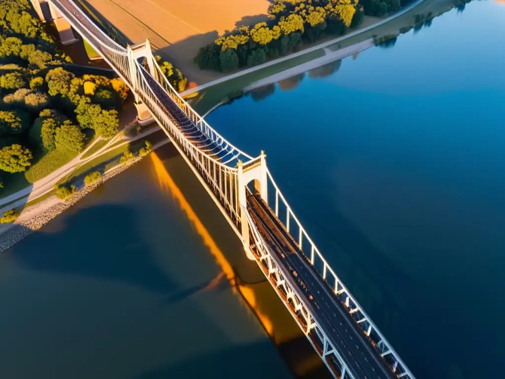 Fotografiar puentes desde el cielo al atardecer, con cálido resplandor dorado sobre el río y la majestuosidad de la arquitectura