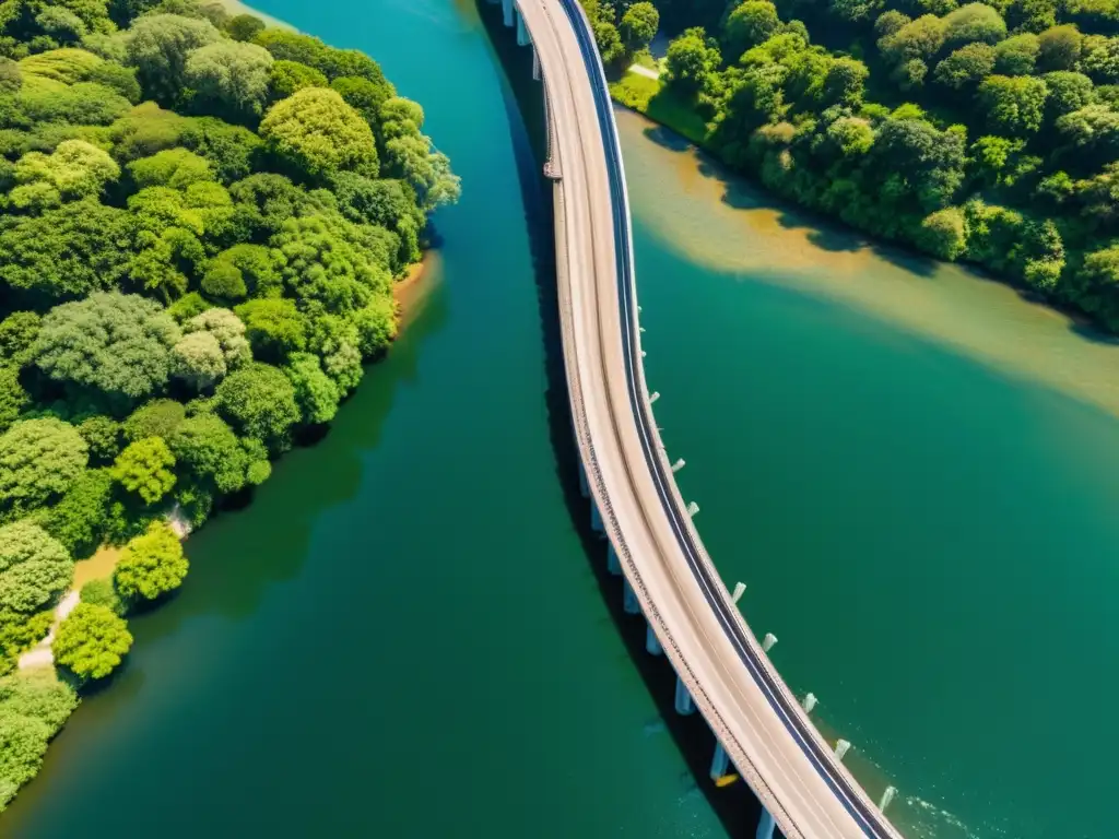 Fotografiar puentes desde el cielo: Imponente puente sobre un río, capturado desde un drone