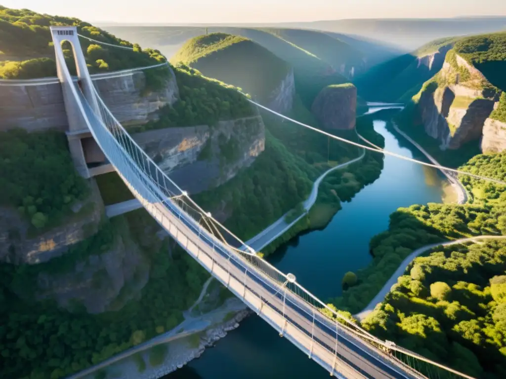 Puentes colgantes diseño avanzado: Un moderno puente suspendido se destaca en un desfiladero con cables y un atardecer dorado