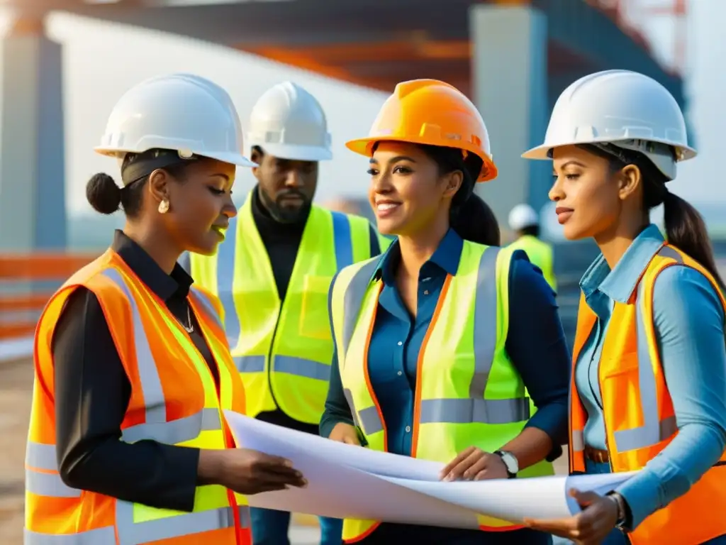 Puentes diseñados por mujeres: Ingenieras en obra, revisando planos en un puente, con determinación y experticia