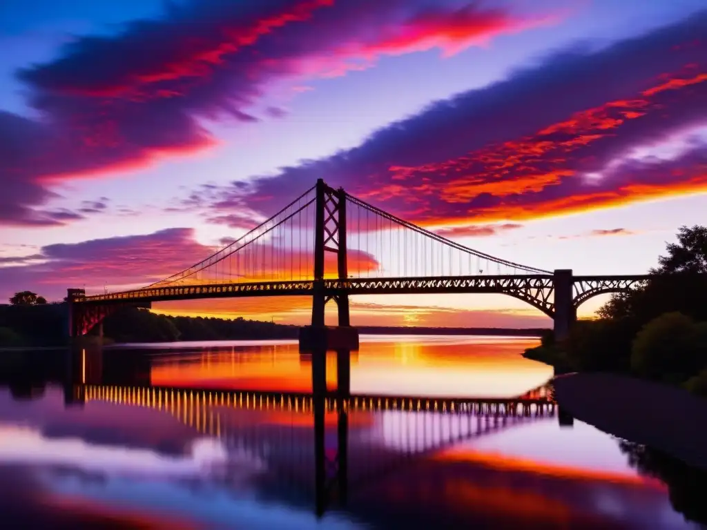 Fotografiar puentes emblemáticos atardecer: Majestuoso puente en silueta sobre río tranquilo, con reflejo en el agua y atardecer multicolor