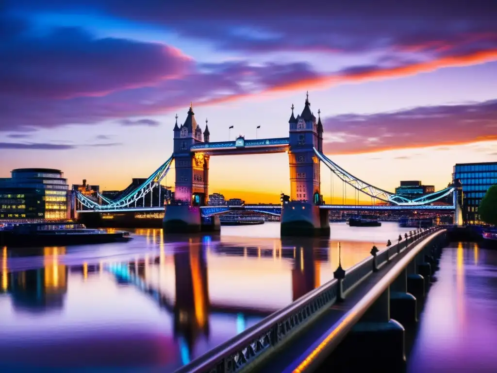 Fotografiar puentes emblemáticos atardecer: Vista impresionante del icónico Tower Bridge de Londres en un atardecer de colores vibrantes