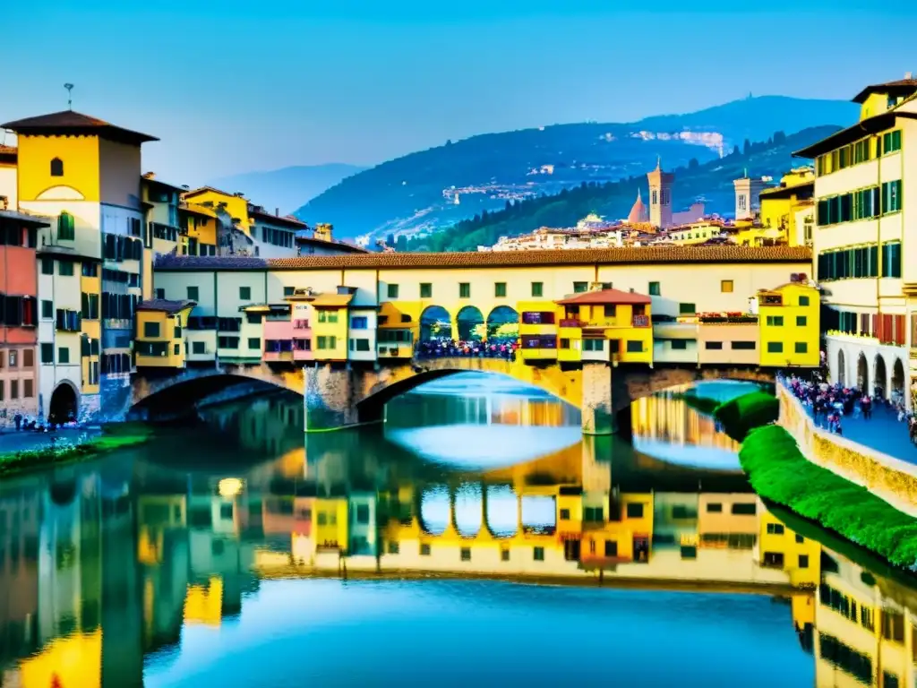 Puentes emblemáticos para enamorados: Atardecer dorado en el Ponte Vecchio de Florencia, Italia, con tiendas coloridas y parejas paseando