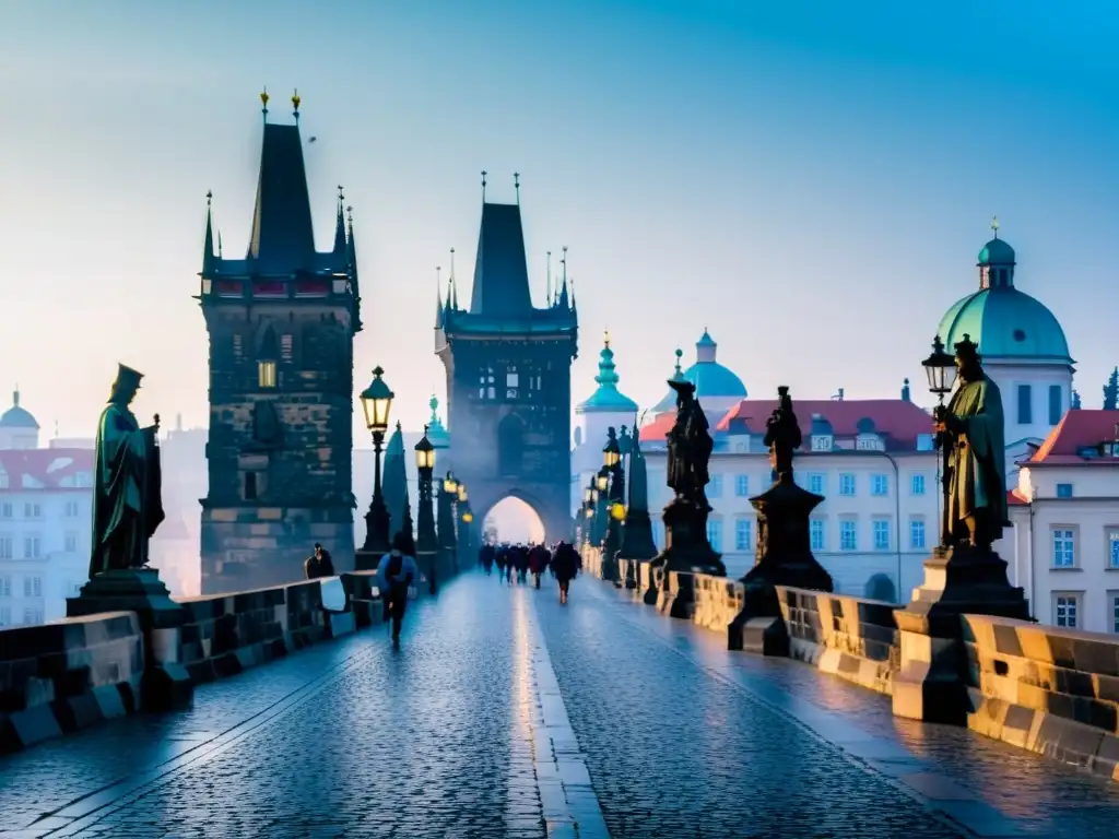 Puentes emblemáticos para enamorados: vista neblinosa de Puente de Carlos en Praga al amanecer, con la luz suave iluminando la escena medieval