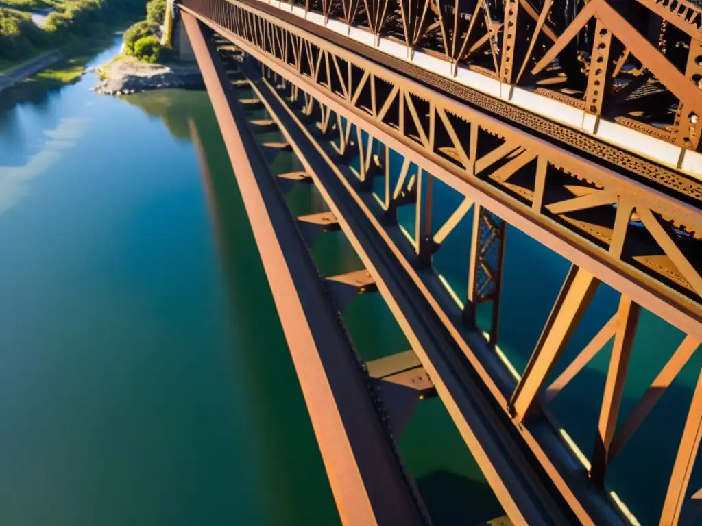 Puentes emblemáticos grabados artísticos: Fotografía detallada de un puente de acero con sombras dramáticas y señales de envejecimiento, que realza su belleza y durabilidad